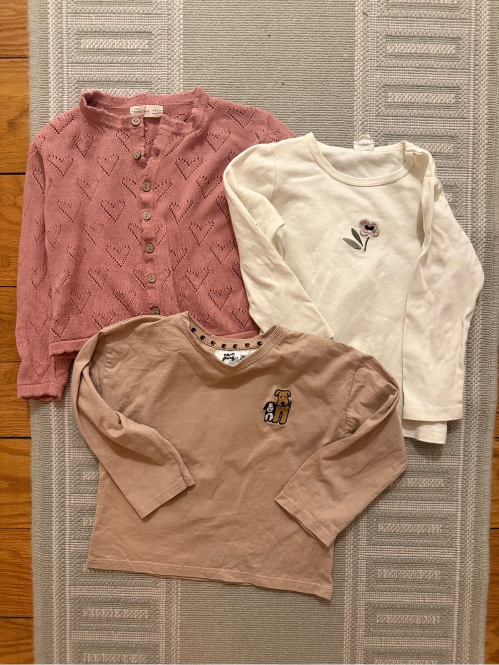 Quincy Mae Pink Eyelet Cardigan, Cream Floral Tee & Tan Dog Patch Top